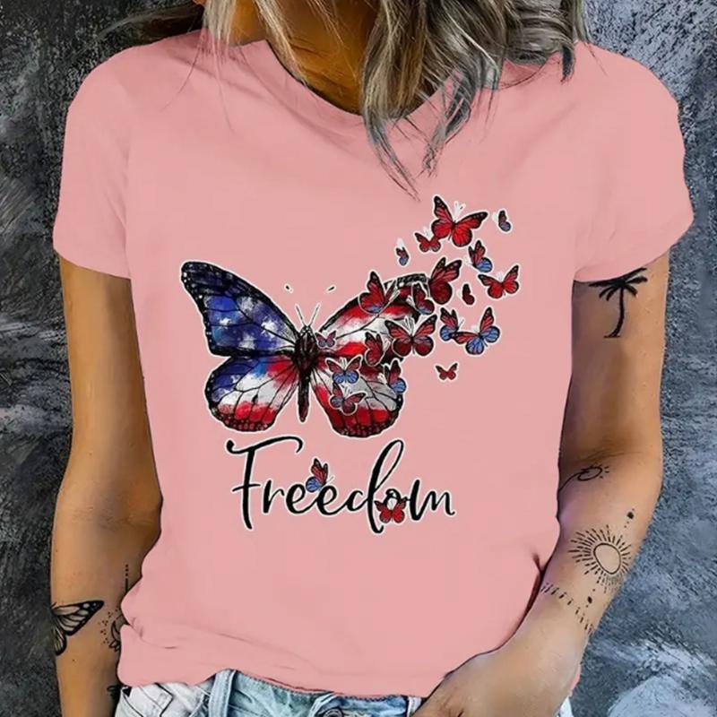 Fashion Women Red Blue Color Blocked Butterfly Print T Shirt Funny Casual O-neck Short Sleeves T-shirt Summer Female Tee Shirt