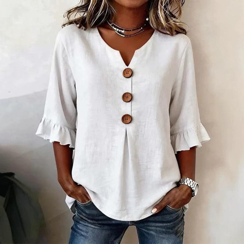 Women s White Linen-Look V-Neck 3/4 Sleeve Blouse S белый