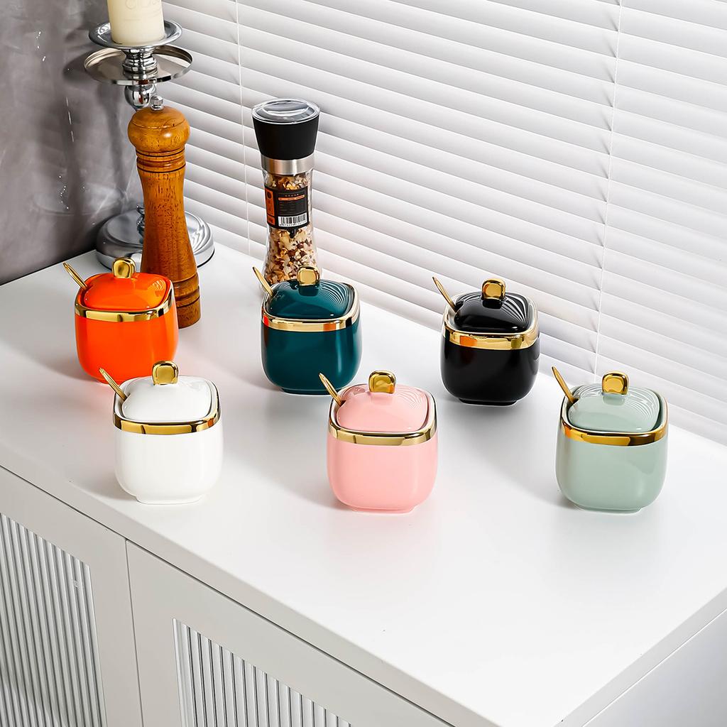 Ceramic Seasoning Box Household Kitchen Salt Seasoning Bottle Jar Storage Box Combination Set Light Luxury Monosodium Glutamate Seasoning Jar