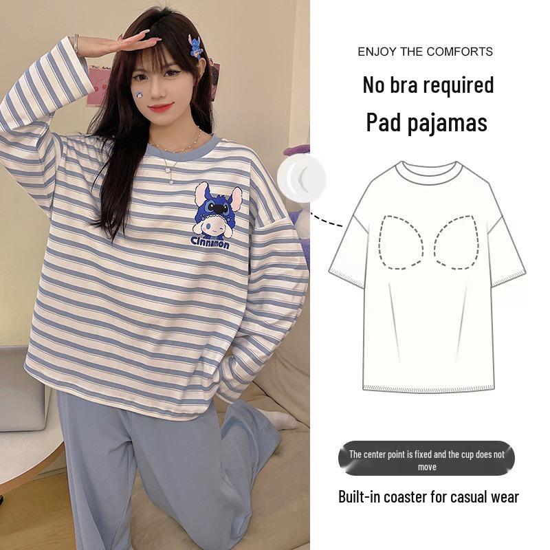 2025 Women's Long Sleeve Cotton Pajamas with Cartoon Design & Breast Pads - Versatile for Home or Outdoor Wear In Spring, Autumn, and Winter.