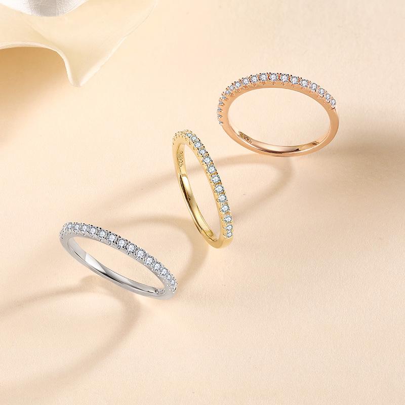 S925 Sterling Silver Rose Gold Moissanite Thin Ring: Three-Color Half-Circle, Stackable Diamond Band for Women