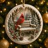 Reusable Winter Window Decor 2 Pcs Red Bird Christmas Ornaments 2D Round Acrylic Snowy Scene Decorative Ornaments for Elders Xmas Tree Hanging