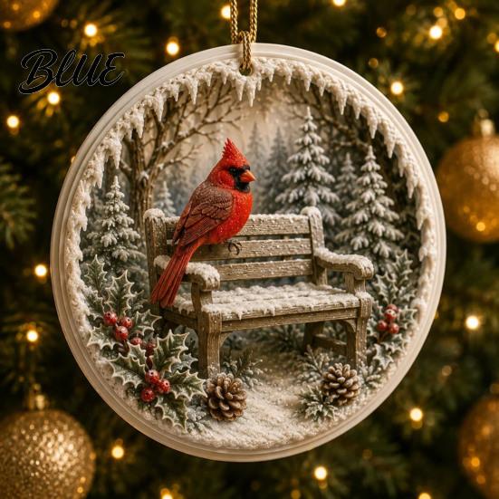 Reusable Winter Window Decor 2 Pcs Red Bird Christmas Ornaments 2D Round Acrylic Snowy Scene Decorative Ornaments for Elders Xmas Tree Hanging