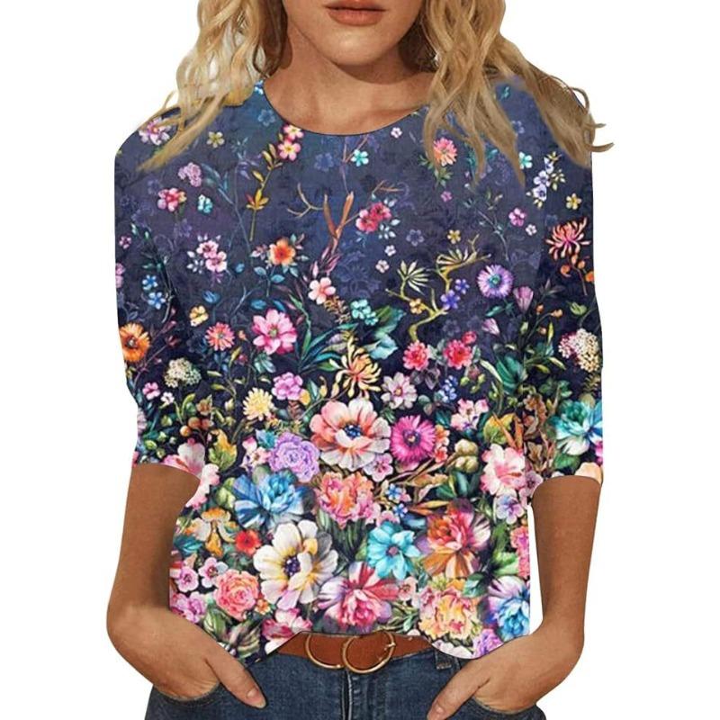 Fashionable Women's Flower Print Short Sleeves Simple Top Soft Top T-Shirts Women’s
