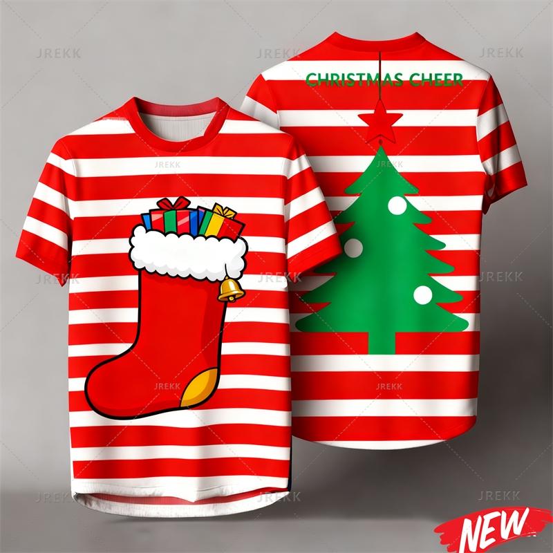 Red Stripes Cartoon Christmas Tshirt Men Women 3d Printing Merry Christmas Tee Shirts Tops 2026 New Year Short Sleeve T-shirt