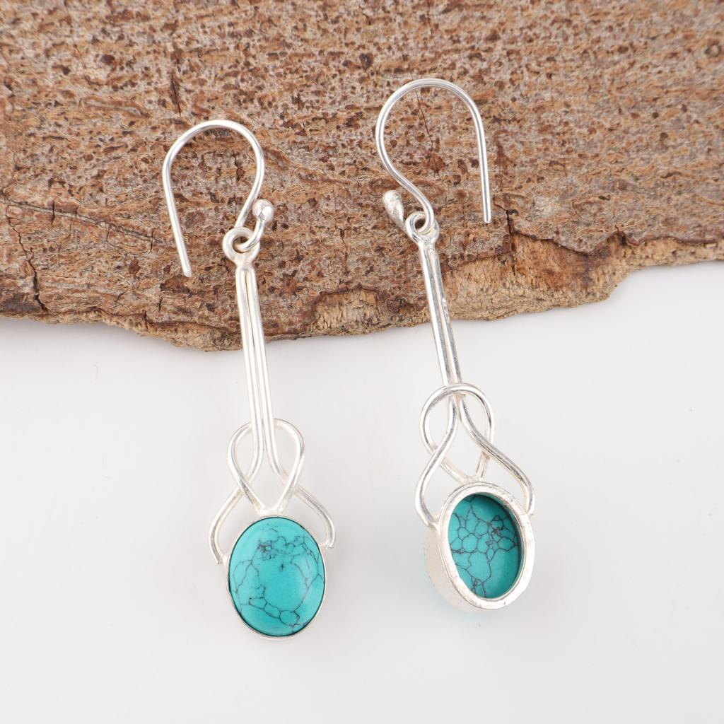 Blau Türkis Handgefertigte Edelstein Ohrringe, 925 Massiv Sterlingsilber Böhmische Schmuckohrringe, Attraktive Silberohrringe Geschenk für Ehefrau