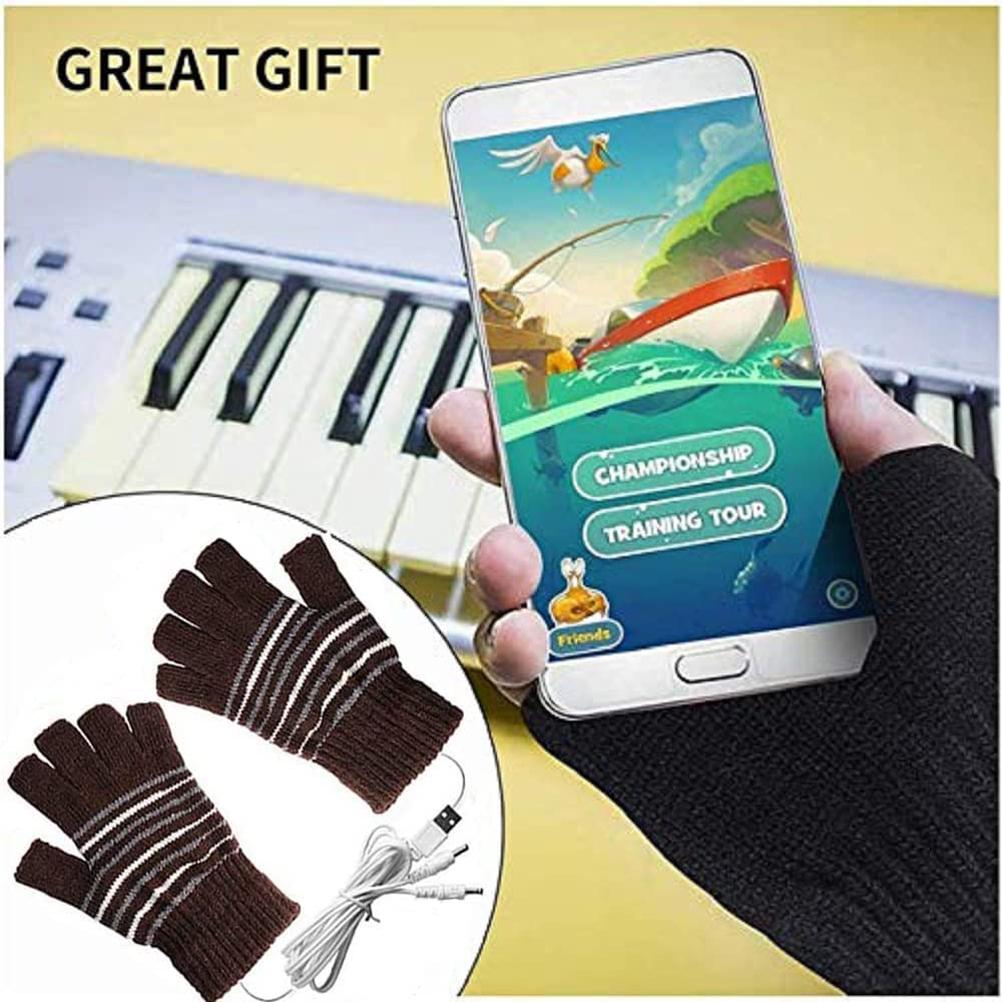 USB Heated Gloves Mitten for Men Women Striped Knit Fingerless Gloves Winter Hands Warmer Laptop Gloves for Adults