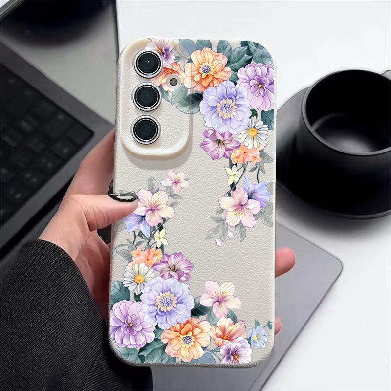 Flowers Leather Texture TPU Case For Samsung Galaxy S25 S24 S23 Ultra S24 FE S22 Plus A56 A55 A54 A16 A36 A15 A34 A26 5G Cover