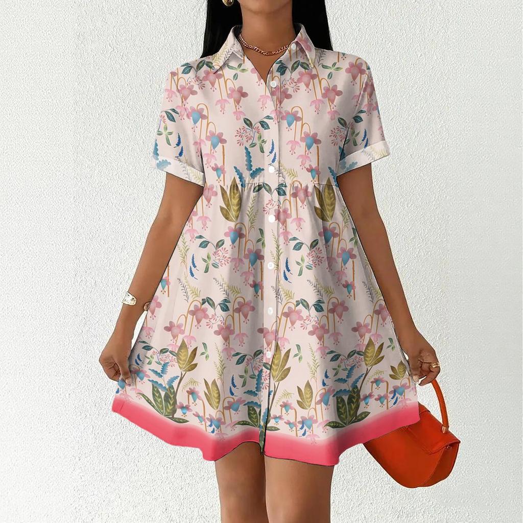 Casual Loose Fit Shirt Dress with Button Front and Stand Collar Short Sleeve Printed Summer Dress for Women