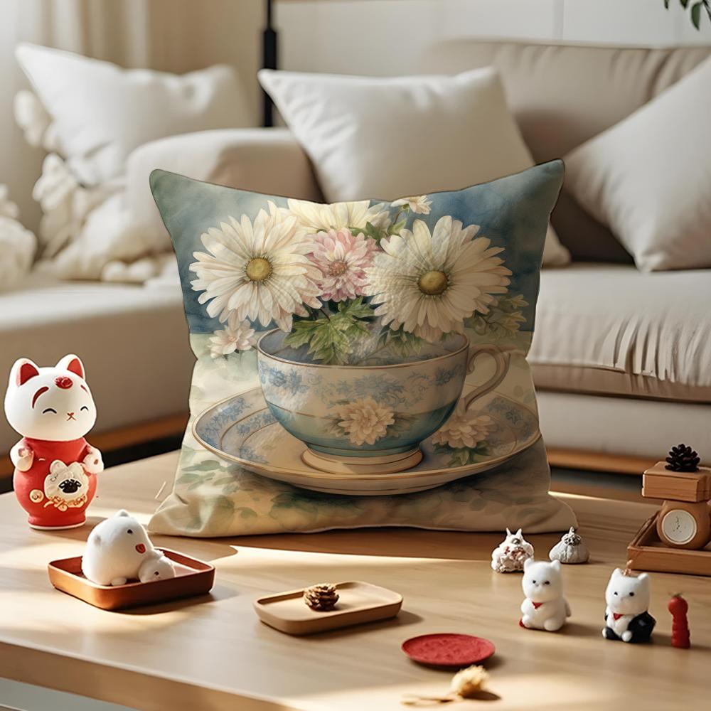 Painting Cup Of Flowers Pillow Case Antidustmite Pillowcase Invisible Zipper Silky Short Plush Sofa Cushion Cover