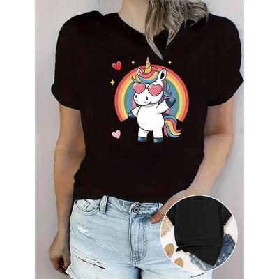 Damen Freizeit-Einhorn-Grafik-T-Shirt Regenbogenstreifen Rundhalsausschnitt Kurzarm Ganzjahres-Komfort-T-Shirt