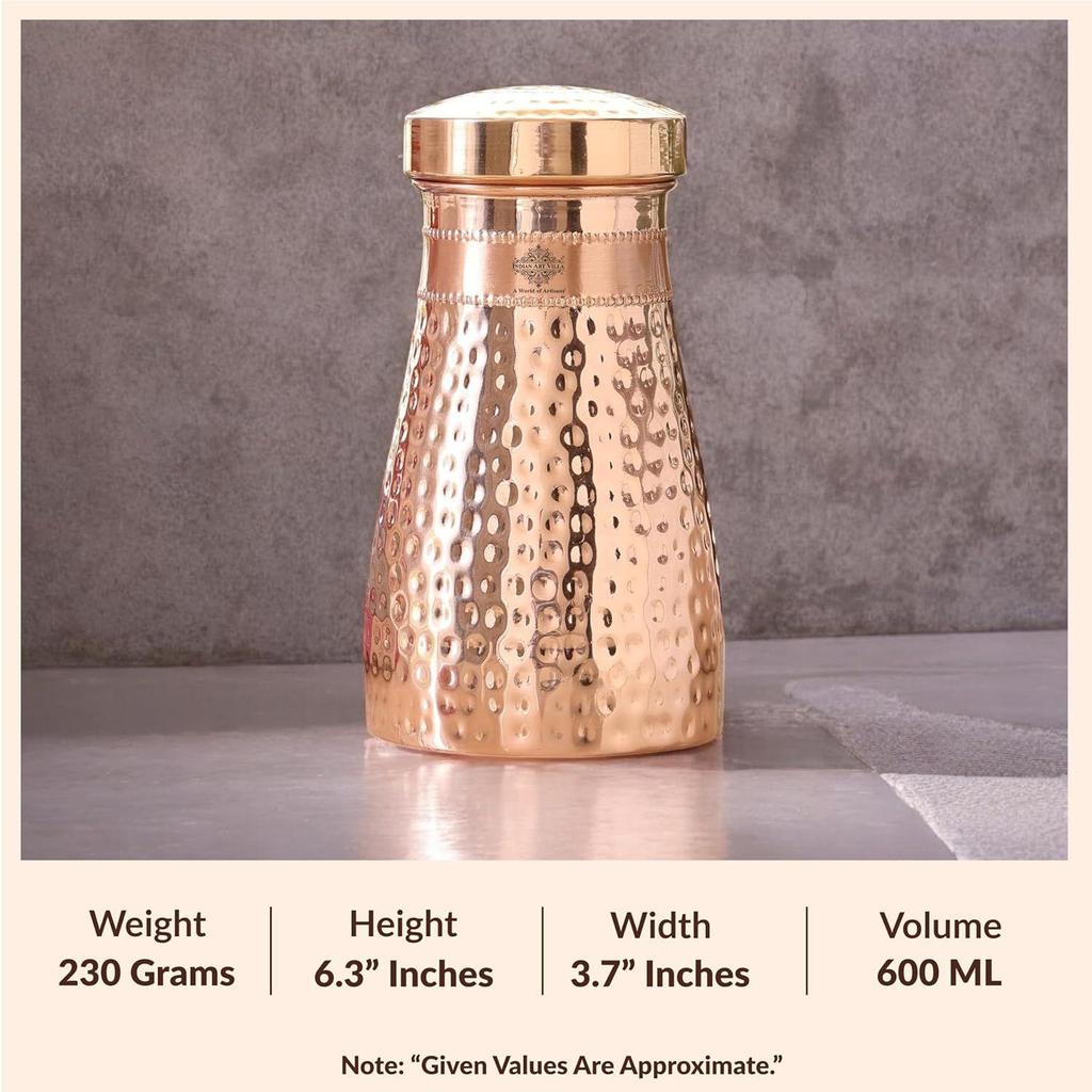 Copper Hammered Shine Design Bedroom Water Bottle with Inbuilt Glass, Volume - 600 ML, Pack of 2