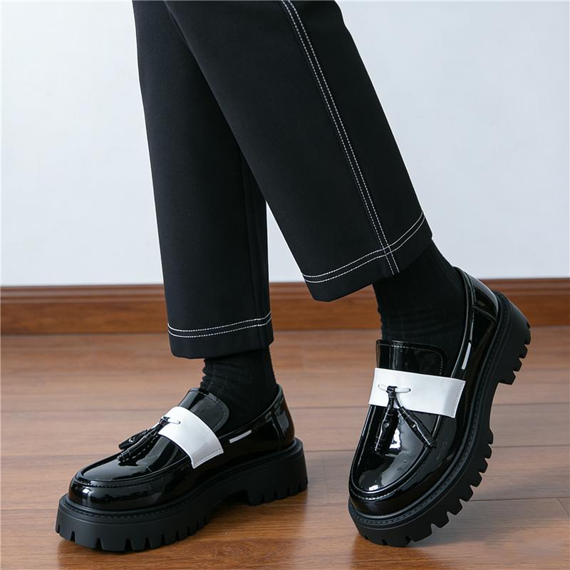 Fashion Designer Men's Black White Mixed Leather Height Increasing Casual Shoes Male Tassels Loafers Formal Flats Dress Footwear