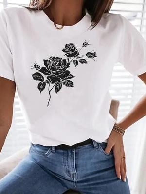 (Asian Size) Tee Top Clothing T Shirt Women Trend Flower 90s Fashion Woman Print Female Short Sleeve Graphic T-shirts