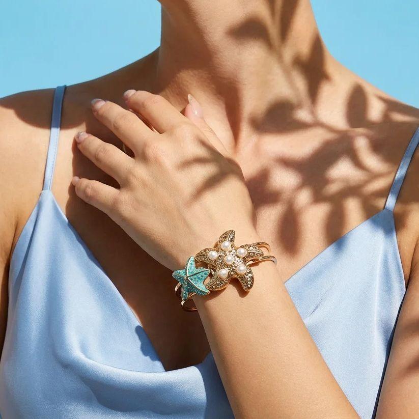 Vintage Aesthetic Imitation Pearl Starfish Bracelet For Women Gold Color Metal Texture Enamel Open Cuff Bangles Vacation Jewelry