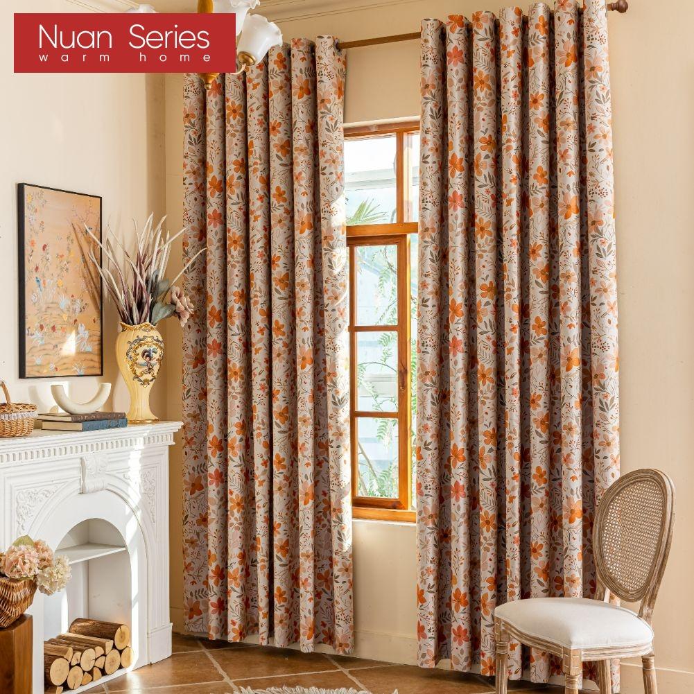 1PC Nuan Series French Vintage Orange Floral Print Blackout Curtain 100% Blackout Curtain for Bedroom Living Room Balcony Window for Home Decor