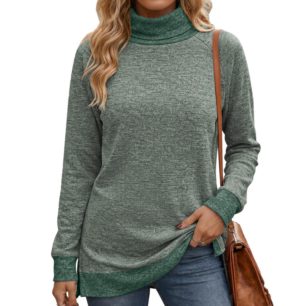 Women's Color High Neck Long Sleeve Loose Fit T-Shirt with Side Slit