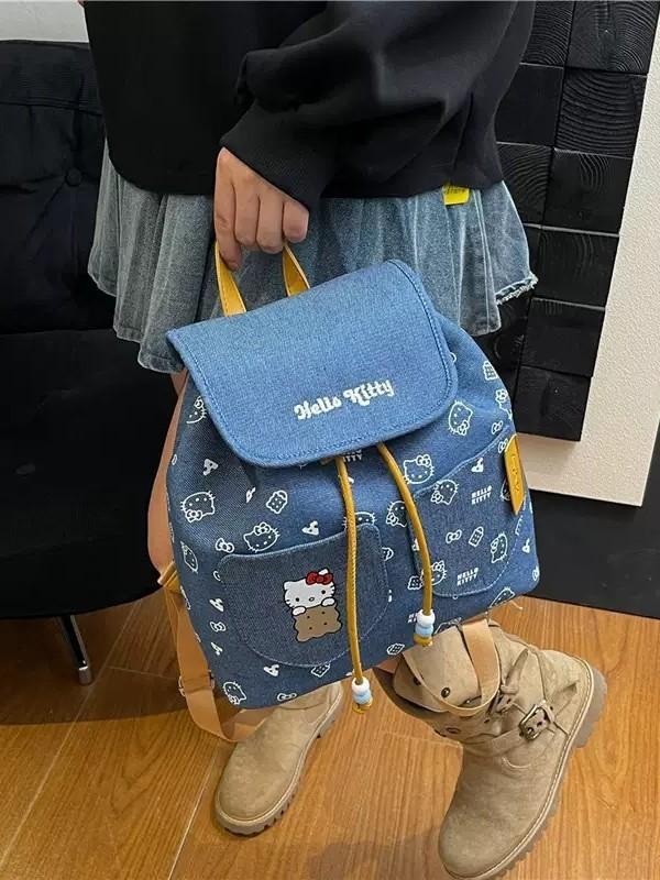 Hello Kitty Kids Backpack With Denim Fabric And Cartoon Design For Daily Use