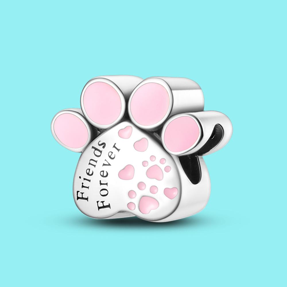 Pendant Charm Bead Copper Cute Pink Dog Paw Beads Fit Original Bracelet For Jewelry Making Valentine'S Day Gift