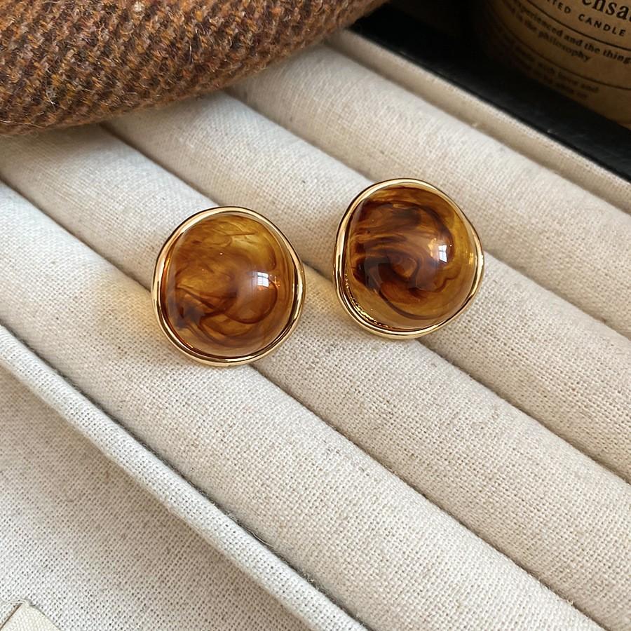 Silver Needle Retro Resin Geometric Round Oval Pendant Earrings Maillard Style Stud Earrings Niche Design Earrings Women