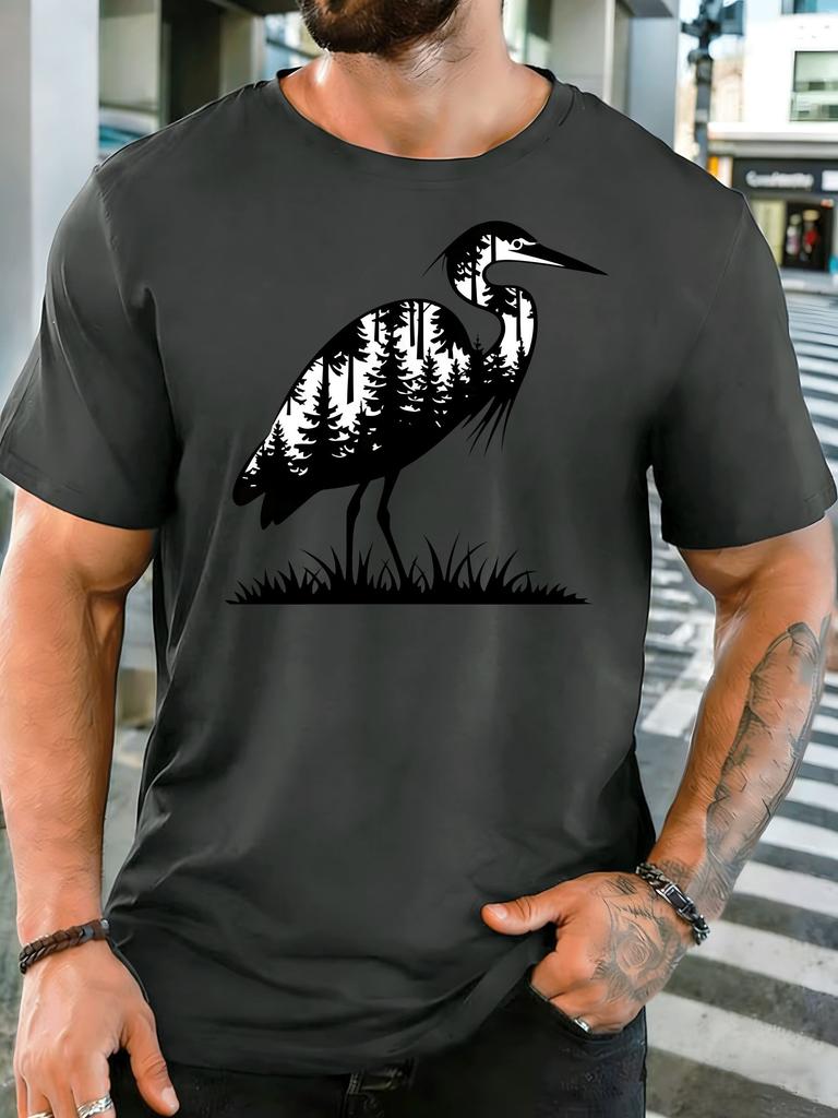 Unisex Short Sleeve T Shirt Heron Graphic Tee Forest Silhouette Print Tops Summer Soft Cotton Casual Street Wear For Adult Male