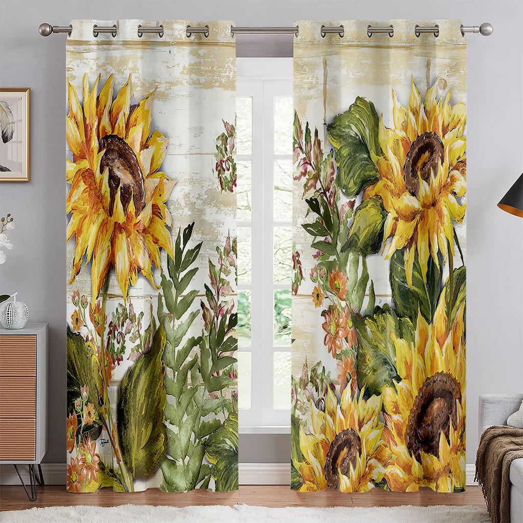 Vintage Oil Painting Sunflower Floral Print Curtain, Window Decoration, Rod Pocket, Bedroom, Living Room, Kitchen 2PCS