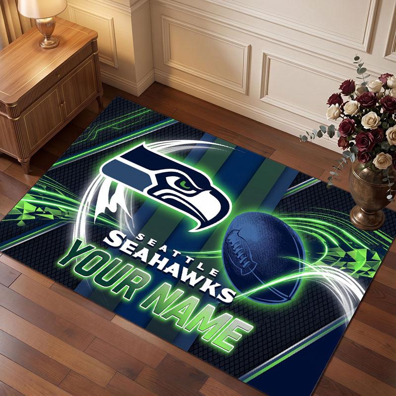 Seattle Seahawks Personalized Crystal Velvet Carpet, Customized Name Text Soft Anti‑Slip Rug for Living Room Bedroom