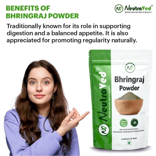 NeutraVed Bhringraj Pulver für Haar -200g | 99% Reine & Sonnengetrocknete Bhringraj Blätter Frisch Gemahlen | Bringha Pulver für Haar, Öl, 200g Zippbeutel