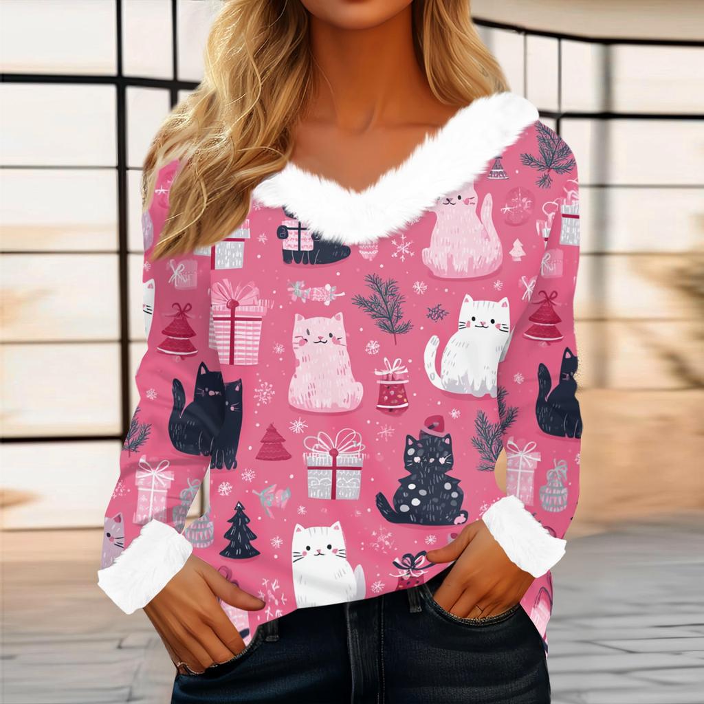Women's Casual Fashion Long Sleeve Christmas Printed Flannel Collar Top