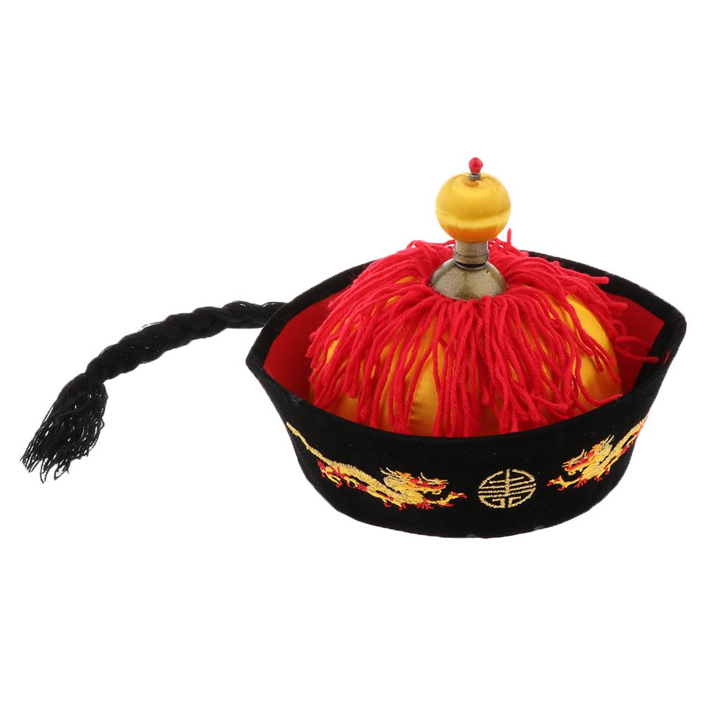 

Chinese Oriental Emperor Hat with Braids Ponytail Fancy Dress Party Cap 54cm