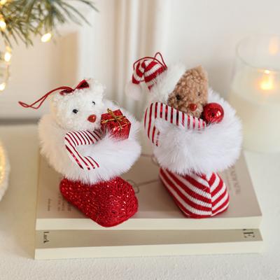 Plush Bear In Boot Christmas Ornaments Mini Stuffed Bear Hanging Ornaments Winter Fuzzy Shoes Christmas Tree Decor