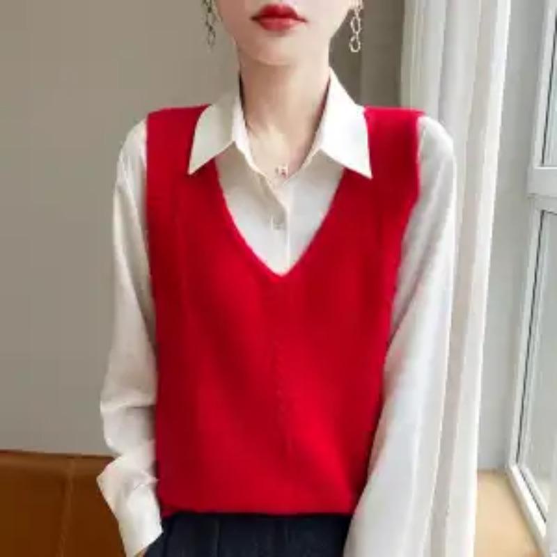 Women's New Spliced Pullover V-neck Fashionable Solid Color Versatile Casual Loose Sleeveless Vest Top