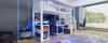 Loft bed, 90 x 200 cm, iron frame, storage, staircase with storage, safety railing, LED light strip, desk, USB port, without mattress, white