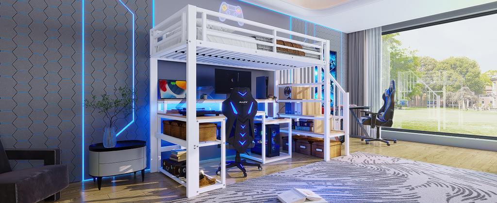 Loft bed, 90 x 200 cm, iron frame, storage, staircase with storage, safety railing, LED light strip, desk, USB port, without mattress, white