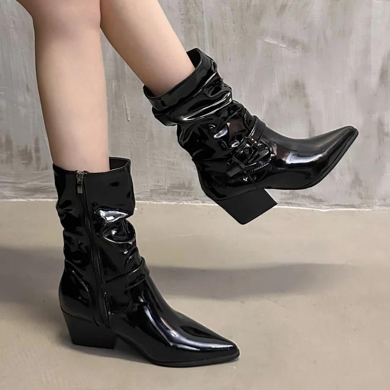Chelsea Pleated Woman Short Boots Shoes Pointed Toe Winter New Fashion Boots 2025 Trend Women Chunky Punk Motorcycle Botas Pumps