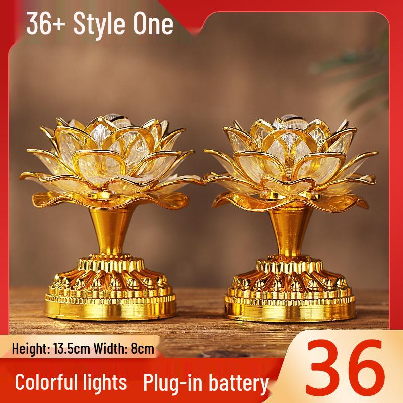 Seven-Color LED Rechargeable Buddha Offering Lamp - Lotus Design for Home and Guanyin Devotion.