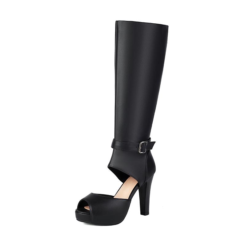 2025 Cataramă Curea Gleznă Fermoar Lateral Gol Toc Gros Ultra-Înalt Botine Cool cu Vârf Decupat Modă Cizme Până la Genunchi Decupate