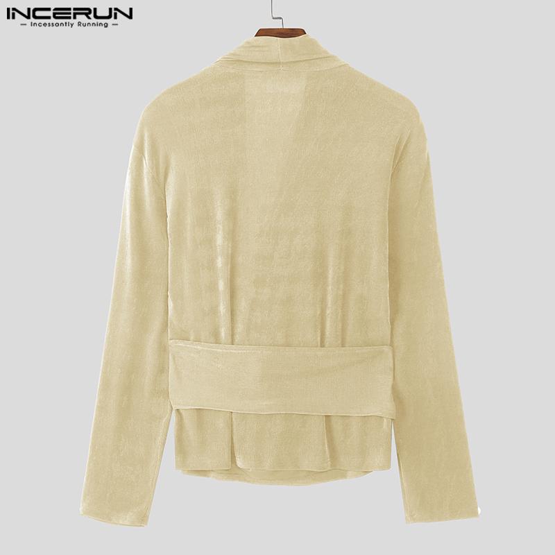 INCERUN Autumn Spring Men Swing Collar Long Sleeve Bandage Waist Casual Tops T-shirts
