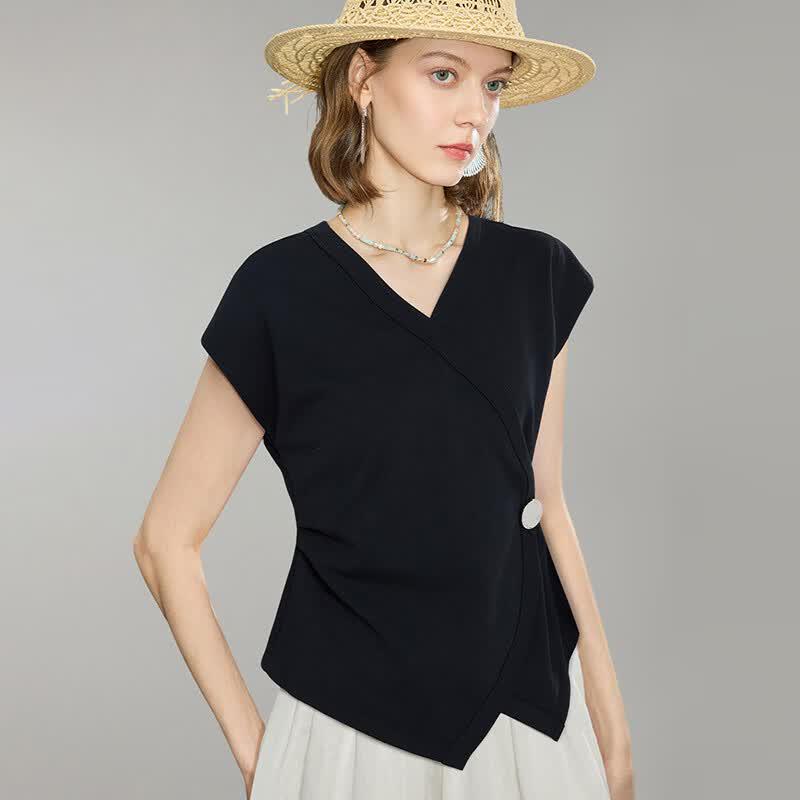 Wudao Women s V-Neck Pleated Slim Fit Short Sleeve Blouse S