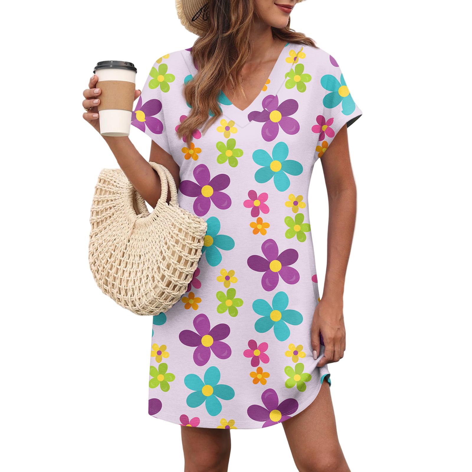 Women s Casual Fashionable Sexy V-Neck Covered Sleeves Belted Pocket Easter Print Dress S