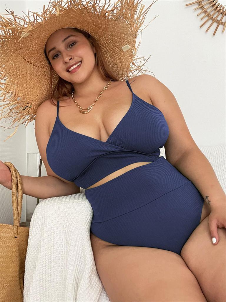 2026 Plus Size European & American High Waist Neck Tie Bikini Swimsuit for Women