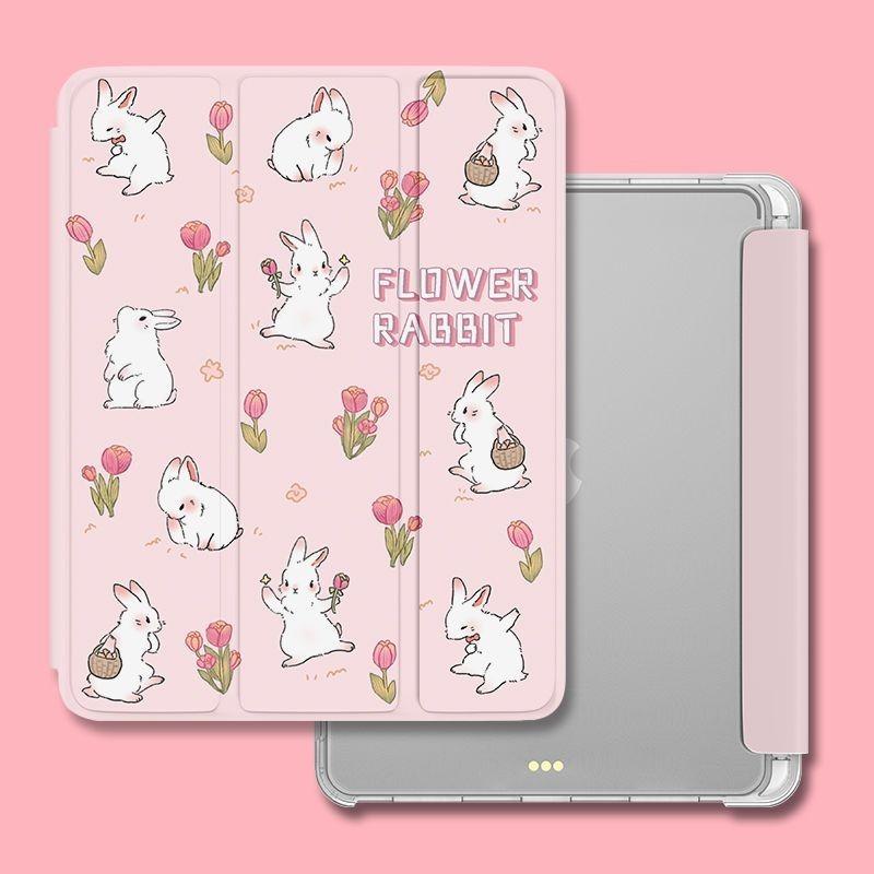 For iPad 2022 Gen10 10.9 Air4 Air5 10.9 Pro11 Pro12.9 Mini6/5/4 with Pencil Holder New High Quality Cute Floral Bunny Pattern iPad Tri-fold Flip Case
