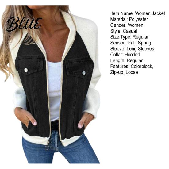 Spring Coat Fall Women Jacket Colorblock Zipper Closure Long Sleeves Hooded Autumn Winter Fake Chest Pocket Decor Lady Daily Wear