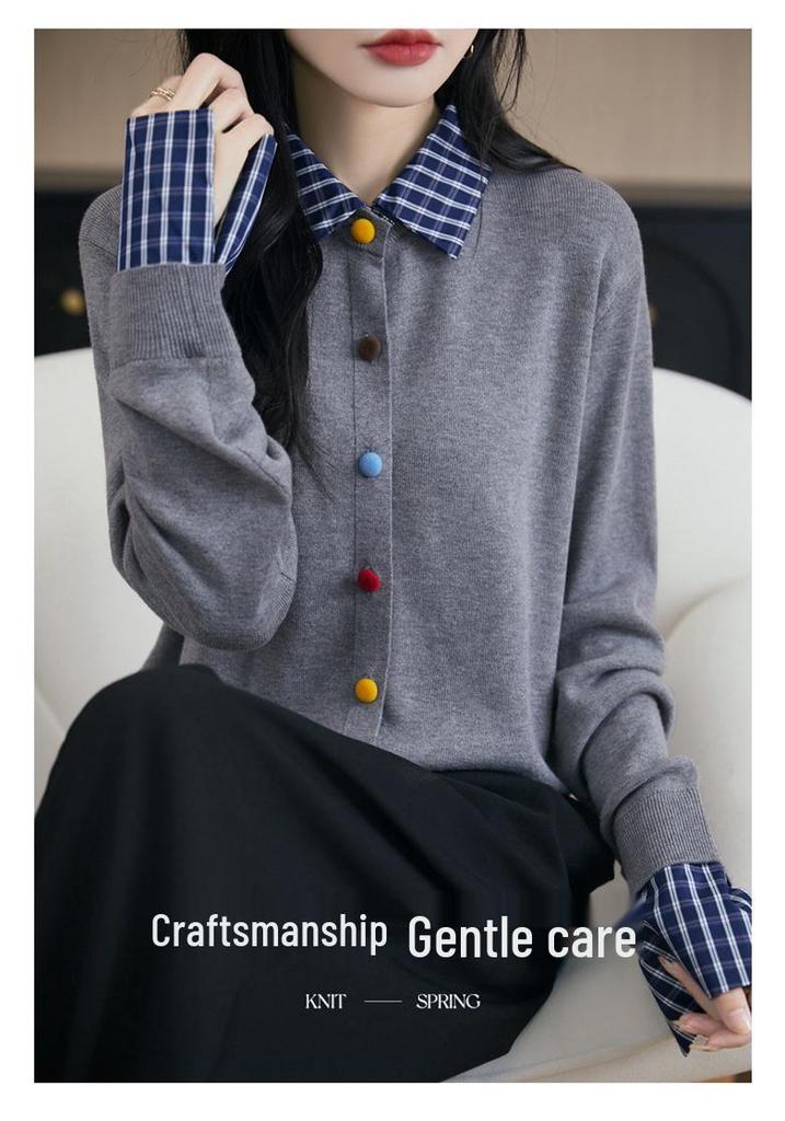Women's Plaid Color Block Knit Cardigan Sweater - Early Spring Collection