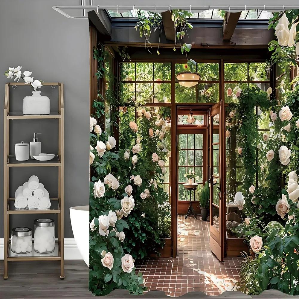 Flower Room Rosebud Flower Plant Shower Curtain, Bathroom Decorative Shower Curtain, Waterproof Shower Curtain with Hooks 90x180cm-35x70in