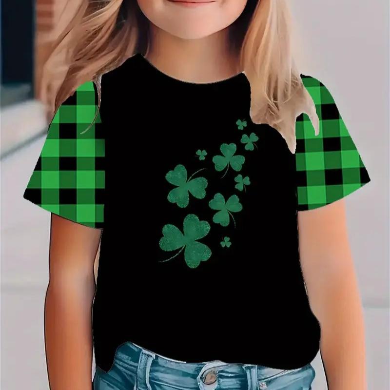 Kids T-shirt 3d Print New Minimalist 3D Printed Small Fresh Clover Pattern Girls' Round Neck Short Sleeved T-shirt