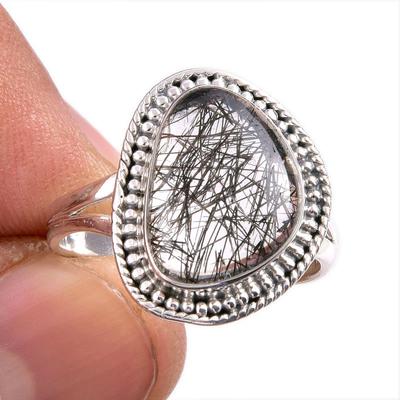 Natürlicher Schwarzer Rutil Edelstein 925 Massiv Sterlingsilber Schmuck Ring Größe 9 z5h02