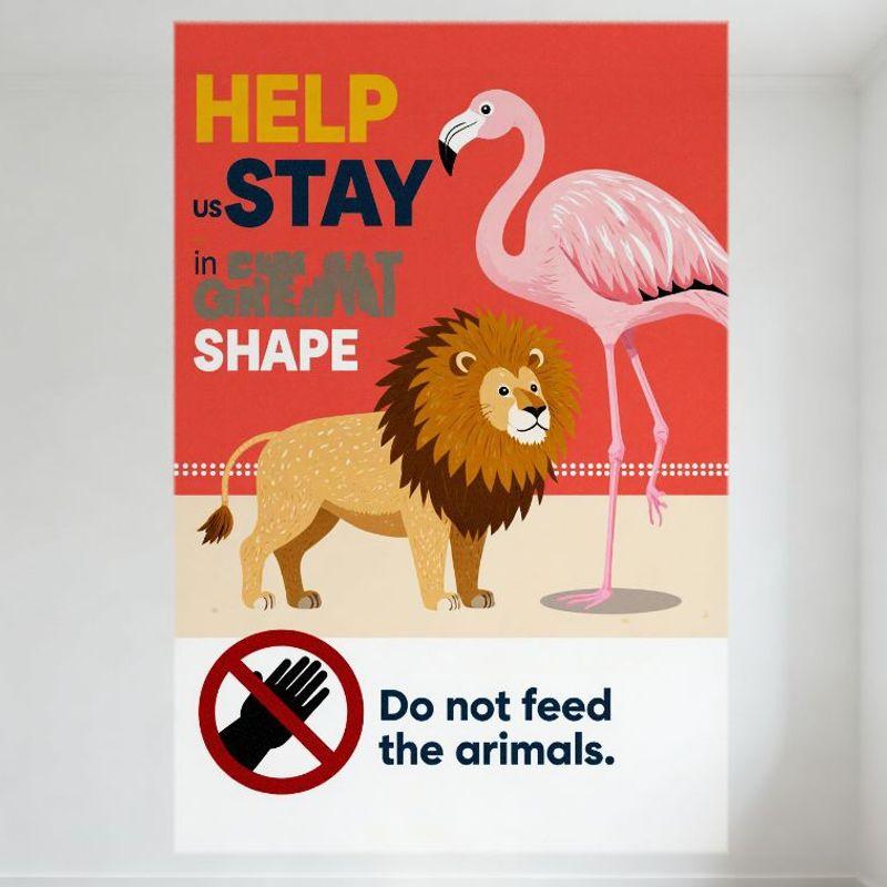 

Help Us Stay in Great Shape Animal-Themed Metal Tin Sign, Colorful Zoo Design with Lion & Flamingo, Do Not Feed Animals Warning, 20x30cm（7.8x11.8inch）