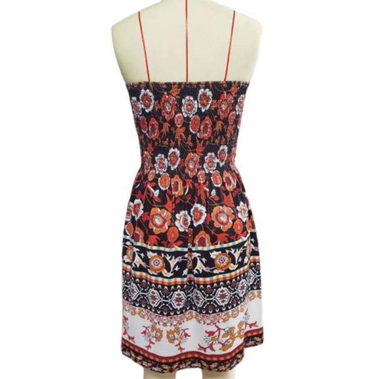 Summer Off Shoulder Dress Women Sleeveless Backless Bohemian Floral Printed A-line Elastic Bust Knee Length Beach Vacation Bandeau Dress