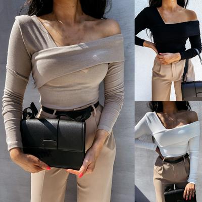 Camiseta de mujer con hombros descubiertos y cuello oblicuo, blusa de manga larga sin tirantes y espalda descubierta para otoño